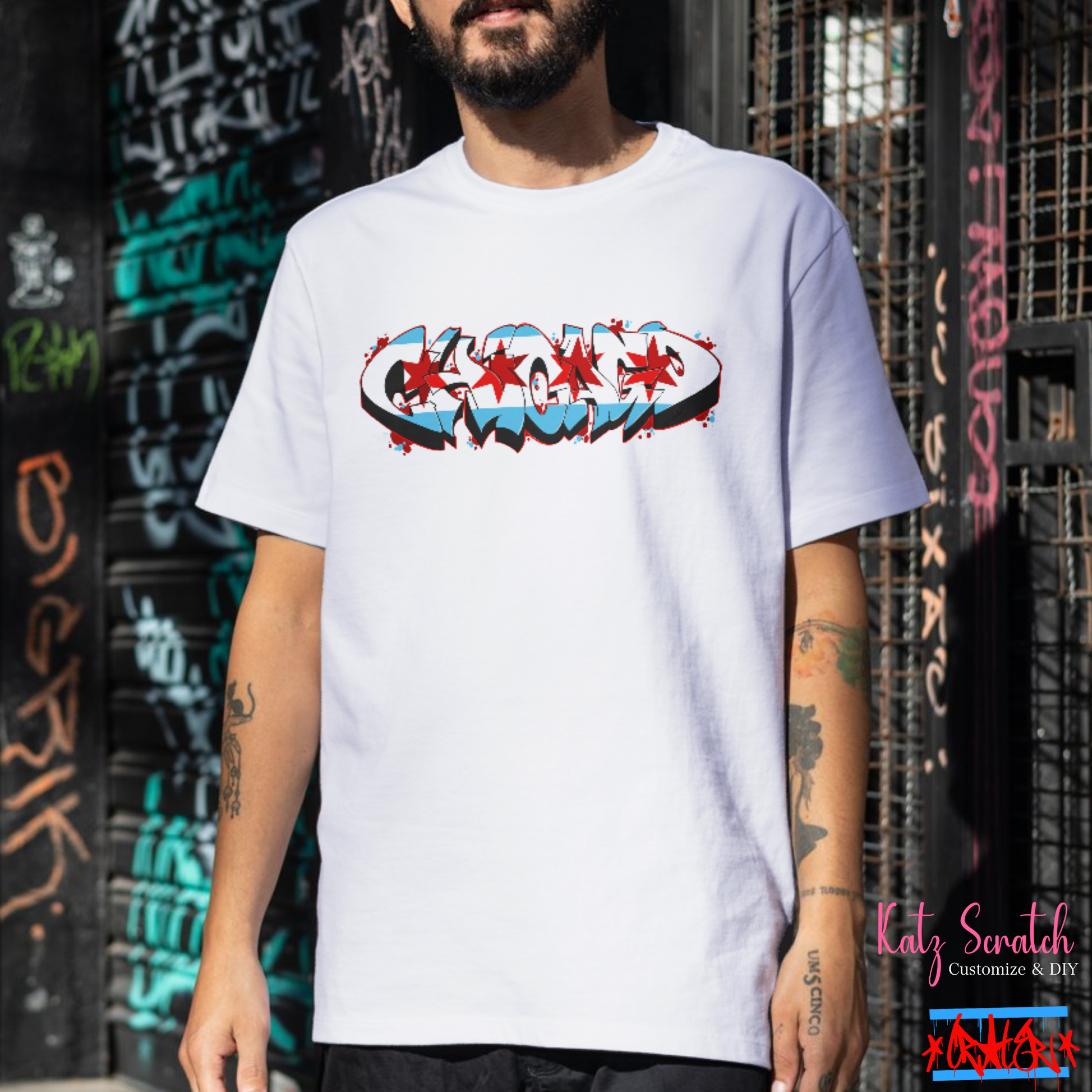 CRATER T.C.-CHICAGO-RED, WHITE, SKY BLUE GRAFFITI TEE – Katz CRATER T.C.-CHICAGO-RED, WHITE, SKY BLUE GRAFFITI TEE – Katz